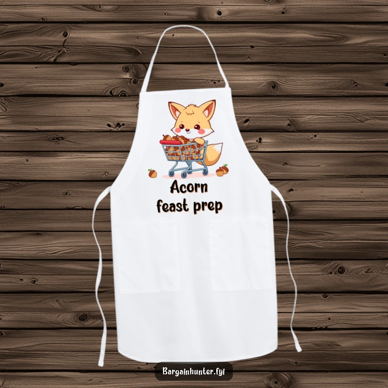 Funny happy fox with a shopping cart full of acorns, a functional apron for culinary fun.