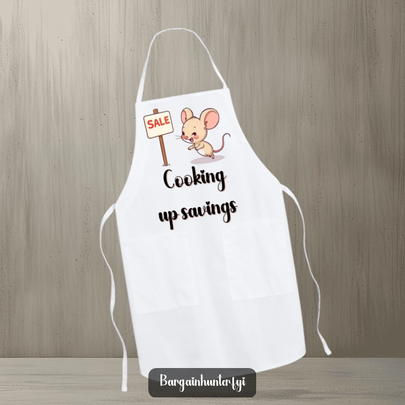 Funny apron with a happy mouse character scurrying towards a sale sign, perfect for humorous kitchen endeavors.