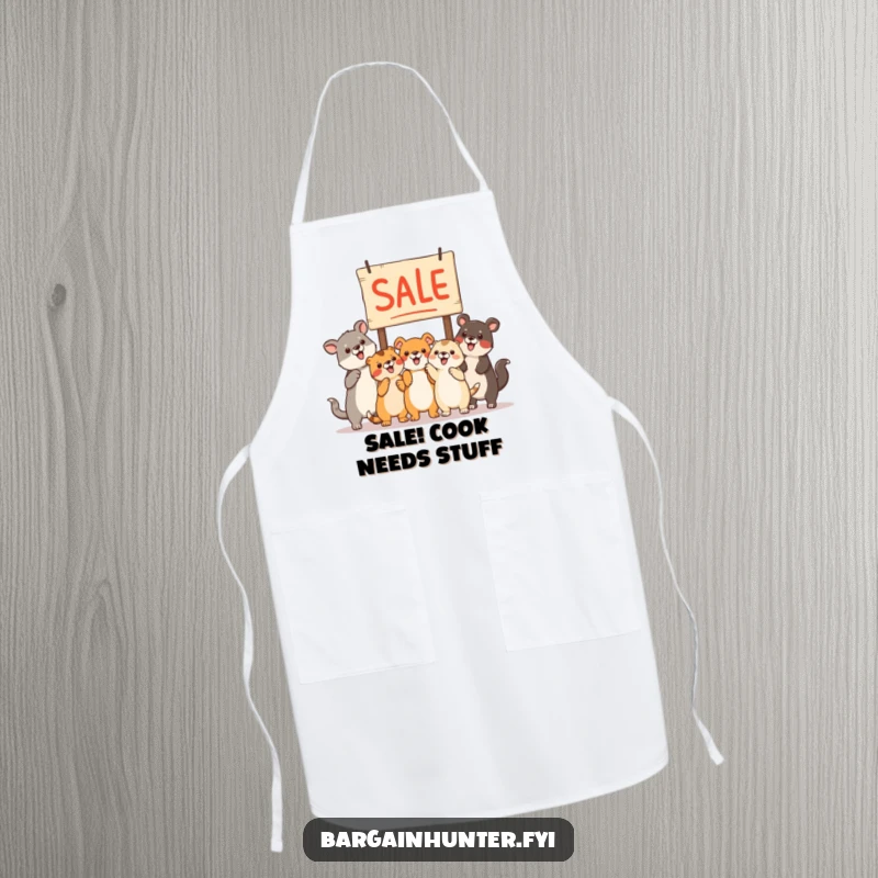 Funny animals pointing at a sale sign on a cooking apron, perfect for kitchen duties.