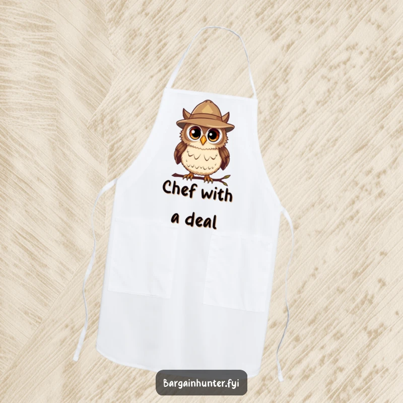 Funny Bargain Hunter Owl Apron with a curious owl wearing a hat, designed for humorous kitchen adventures and smart shopping.