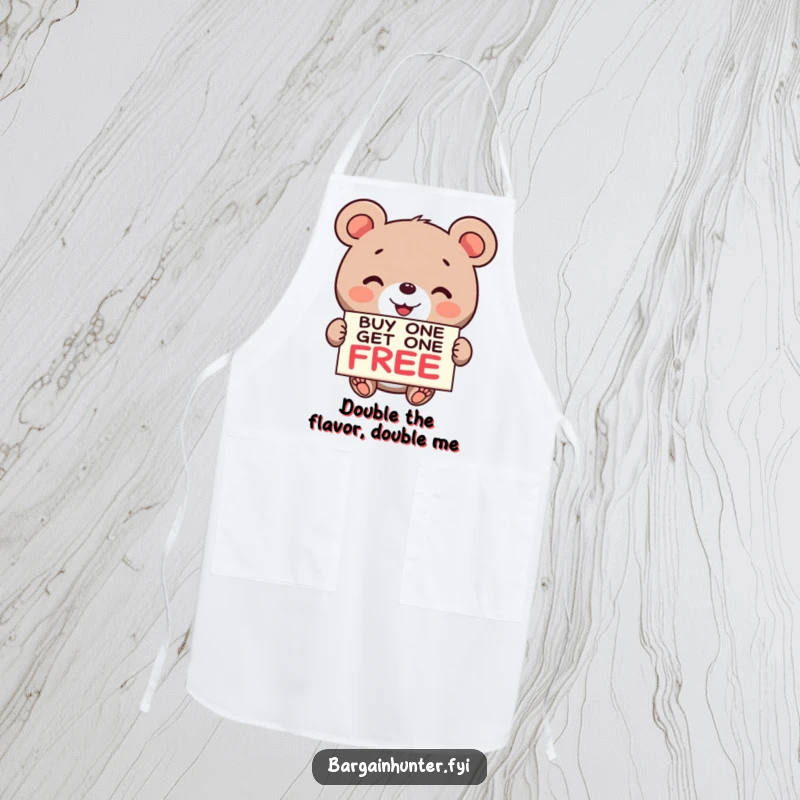 Funny Bear BOGO Apron: A smiling bear holds a buy one get one free sign, making kitchen tasks hilarious.