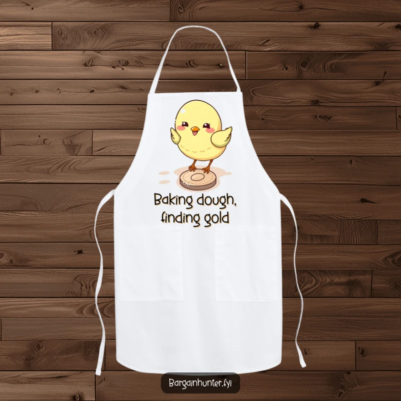 Funny bird apron showing a determined bird pecking a coin, adding humor and a touch of luck to kitchen adventures.