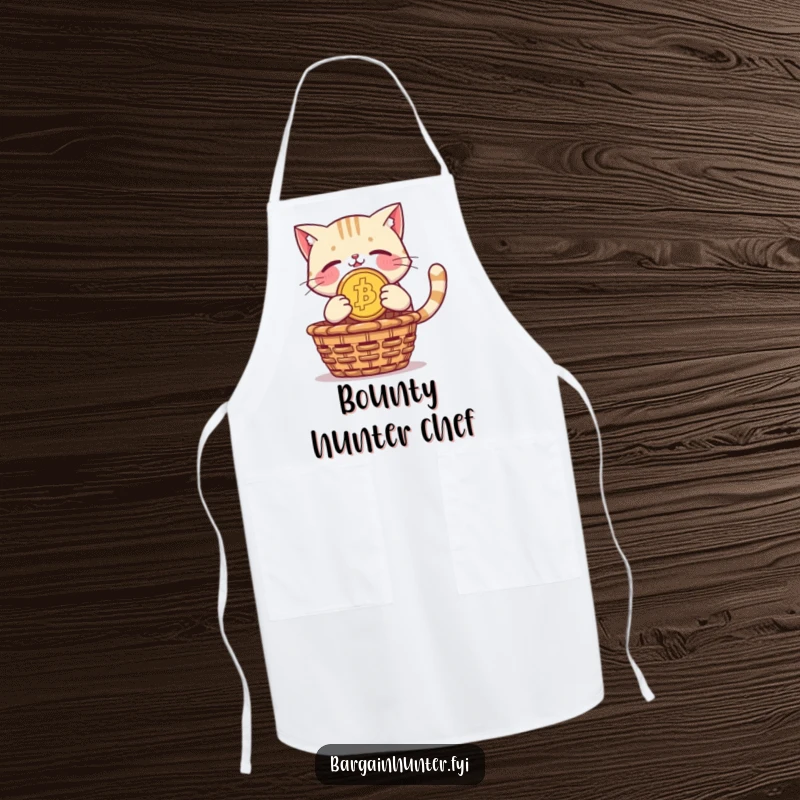 Funny apron: a proud cat dives with a giant coin towards a basket while in the kitchen.
