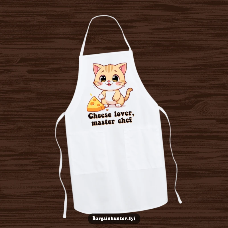 Funny Cat Apron: Kitchen apron with a humorous illustration of a cat intensely focused on stealing a dropped piece of cheese.