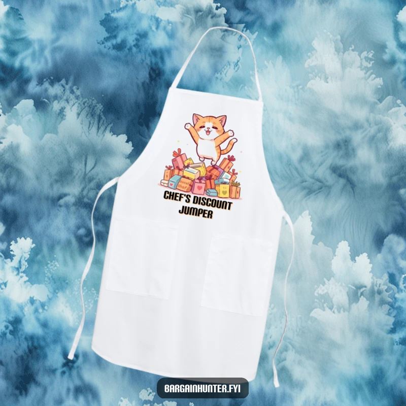 Funny cat apron, ready to cook up a storm with a leap of faith and culinary skill.