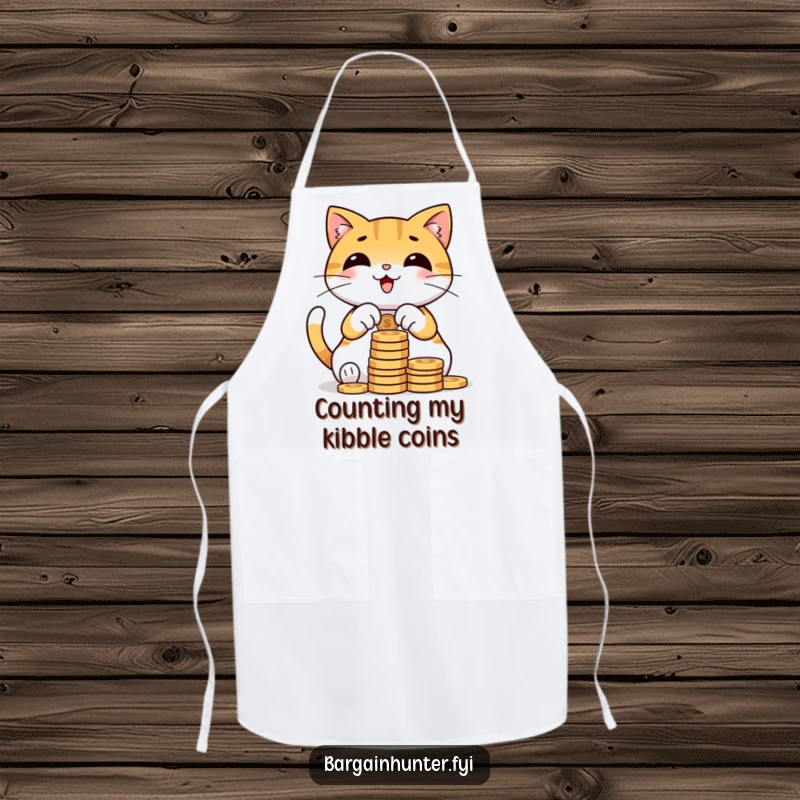 Funny cat apron showing a happy character diligently counting a large stack of coins while cooking, a humorous kitchen accessory.