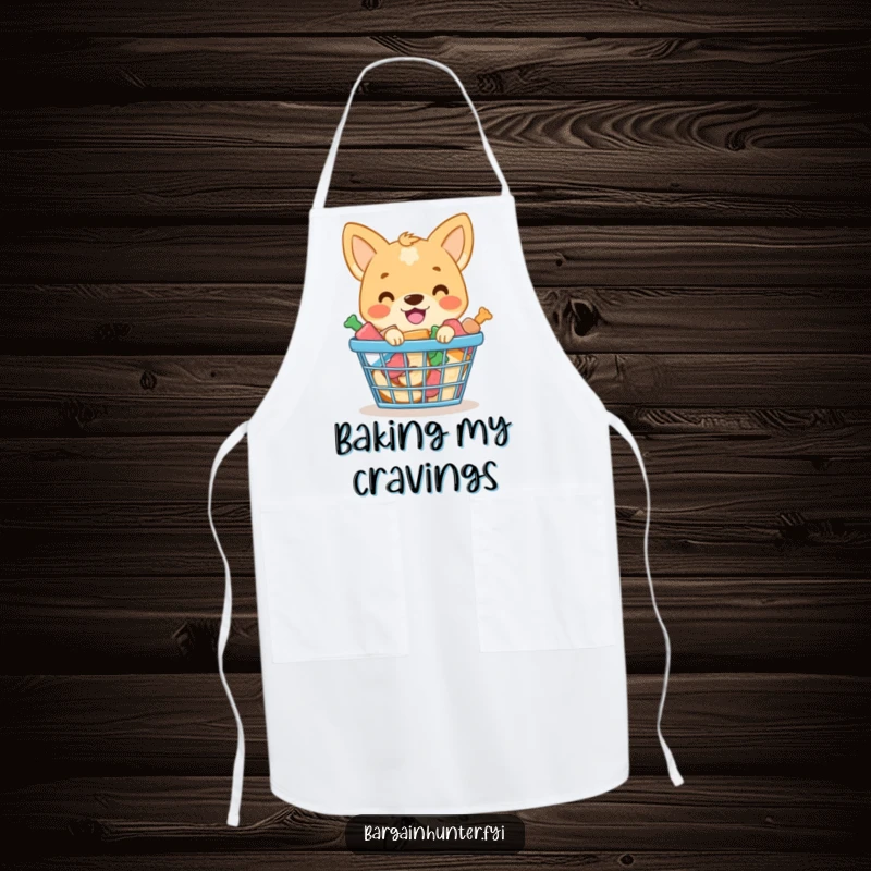 Funny apron design of a smiling dog with a shopping basket packed high with dog treats.