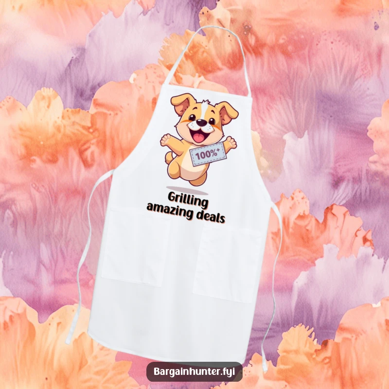 Funny, happy dog wearing a discount coupon, leaping with excitement, on a practical and humorous kitchen apron, great for cooks.