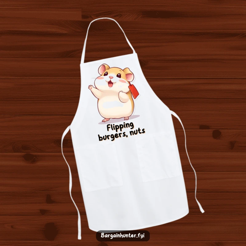 Funny playful hamster with a red ear tag, doing a dynamic flip, a functional apron for culinary action.