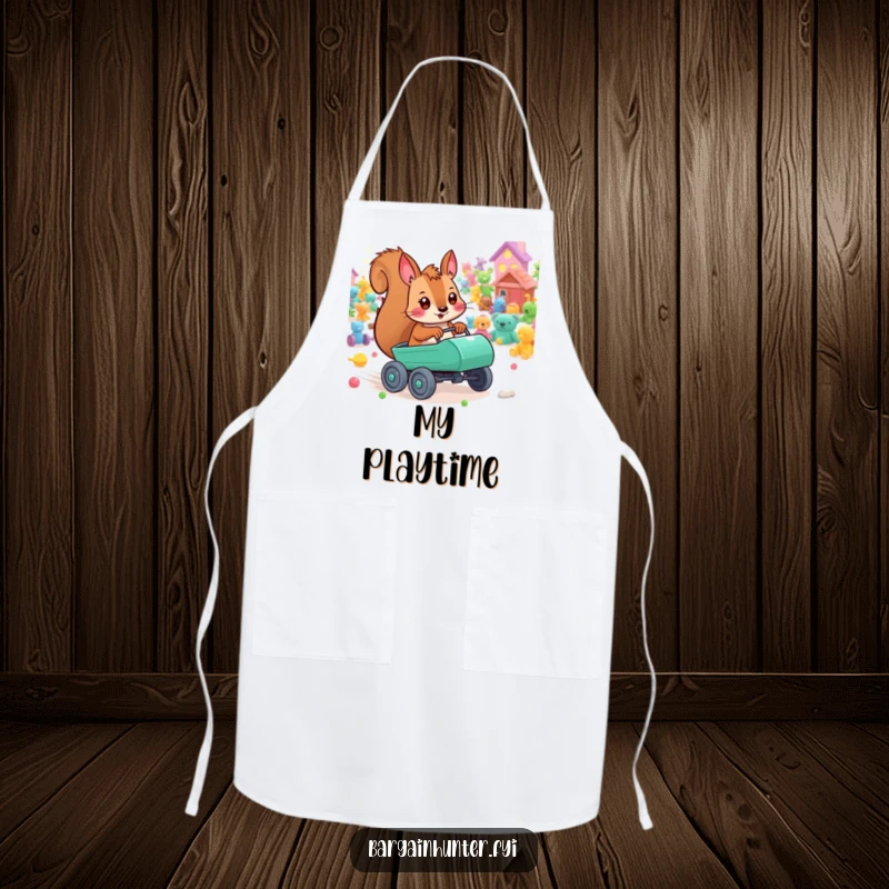 Funny playful squirrel apron with a tiny cart, racing through toys, adding playful humor to cooking.