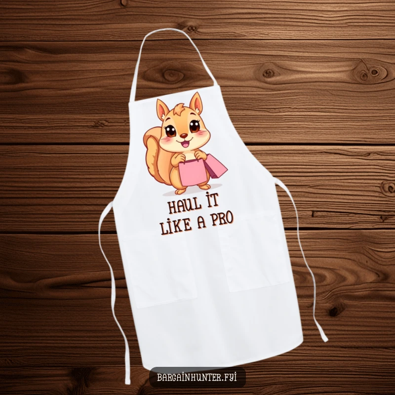 Funny Squirrel Apron: A cheerful squirrel with wide eyes holds a shopping bag, ready for kitchen adventures. Humorous and practical culinary accessory.