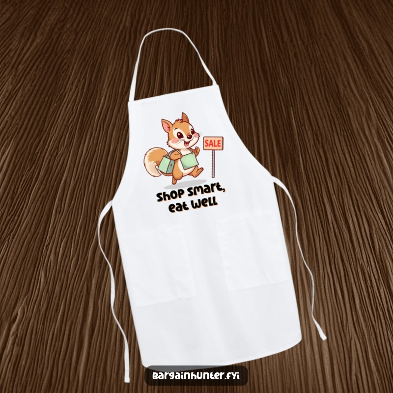 Funny squirrel apron featuring a determined squirrel with a shopping bag leaping excitedly towards a sale sign.