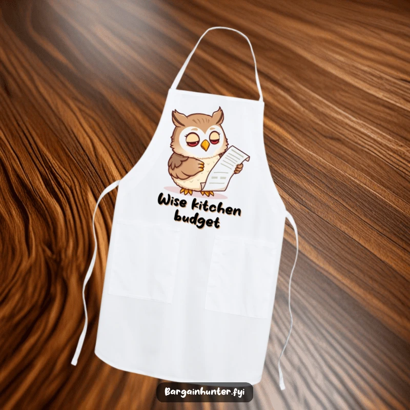 Funny apron showing a wise owl character examining a shopping receipt with a knowing expression, ideal for kitchen fun and smart humor.