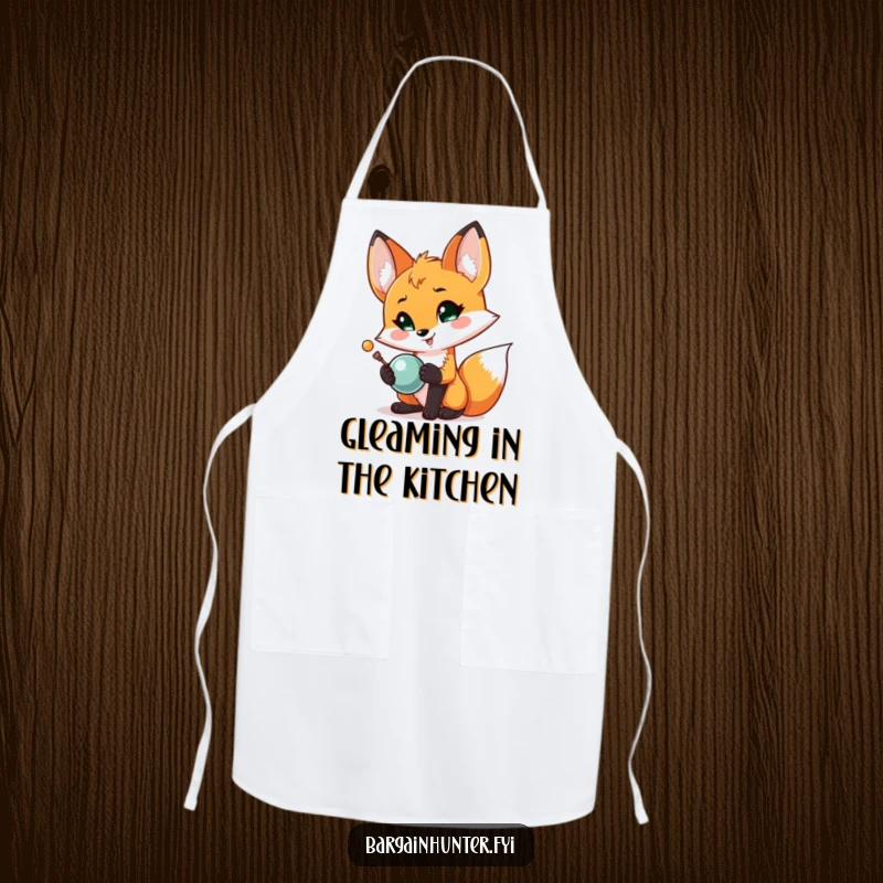 Funny Fox Treasure Apron: A proud fox displays a newly found shiny object, adding humor to kitchen tasks.