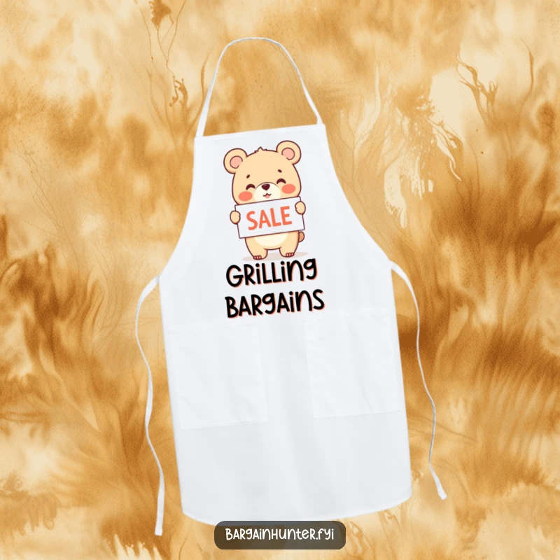 Funny apron design of a cheerful bear cub holding and waving a sale sign.