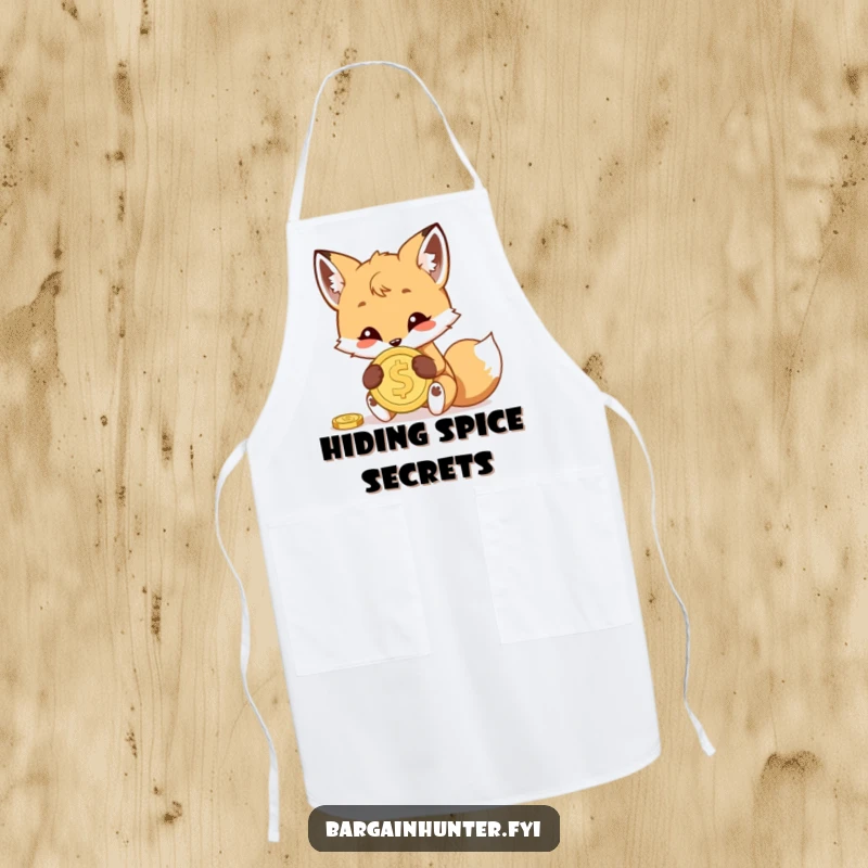 Funny apron decorated with a mischievous fox cub concealing a shiny coin, ideal for a fun and playful cooking experience.