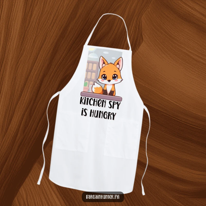 Funny Apron with a fox peering into a store window, suitable for cooking or kitchen activities.
