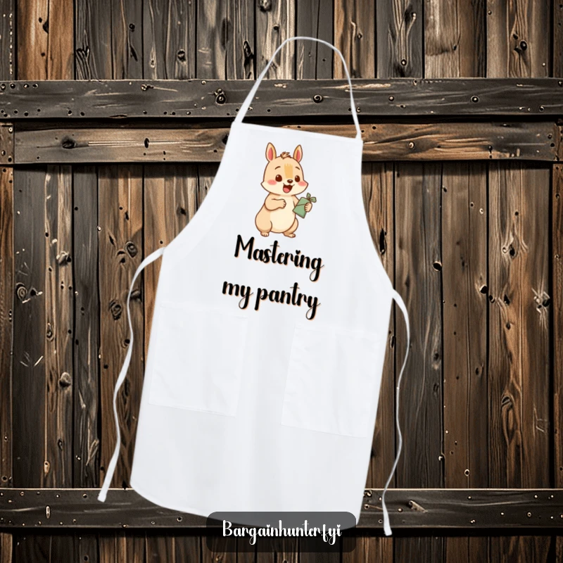 Funny squirrel apron with a happy squirrel character excitedly trading a small item for a larger one, perfect for kitchen adventures.