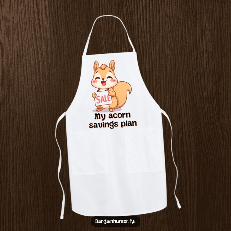 Funny squirrel apron depicting a delighted character holding a sale tag, a humorous kitchen accessory for shoppers.