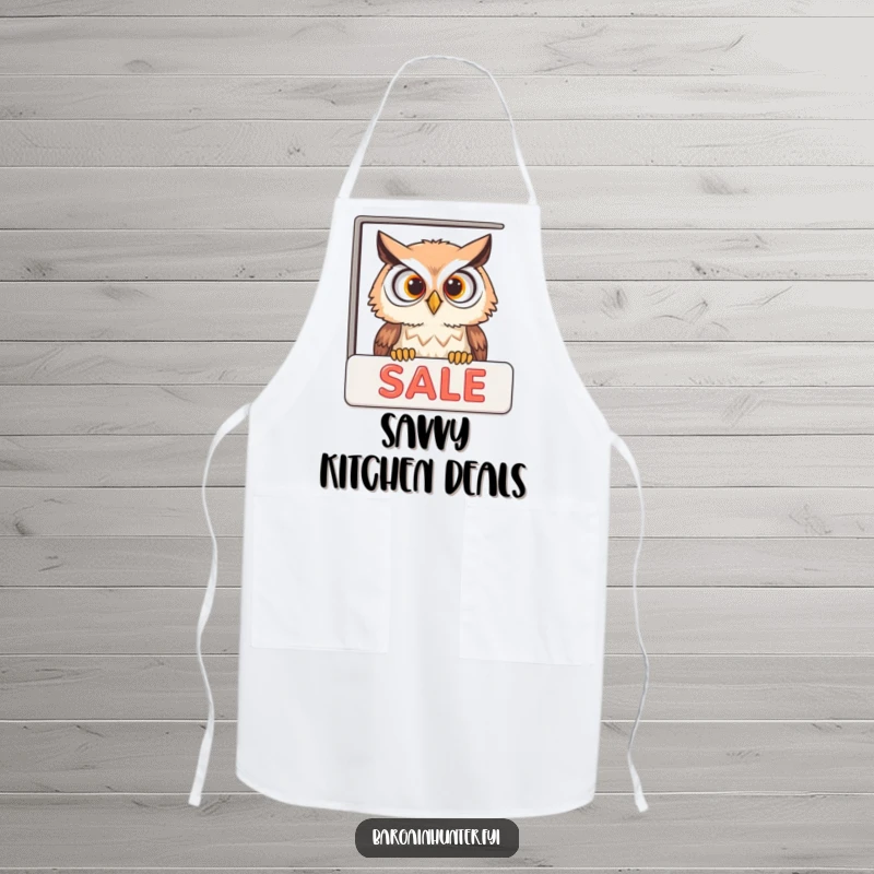 Funny curious owl peeking into a sale advertisement on a chef's apron, bringing humor and smarts to the kitchen.