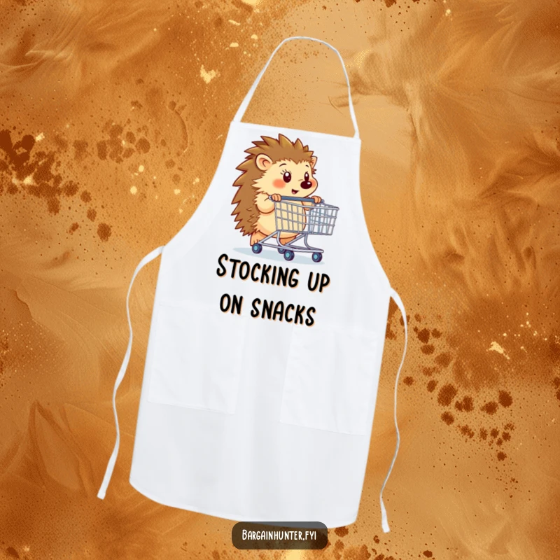 Funny hedgehog character pushing a huge shopping cart on a durable apron, ideal for kitchen tasks.