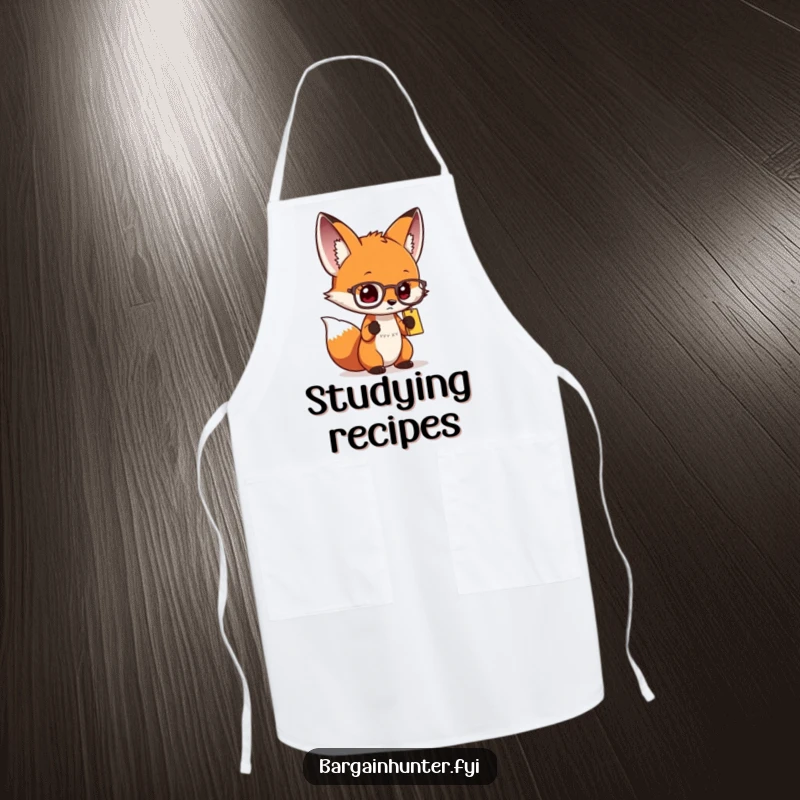 Funny curious fox apron with spectacles, examining a price tag, adding intellectual humor to cooking.