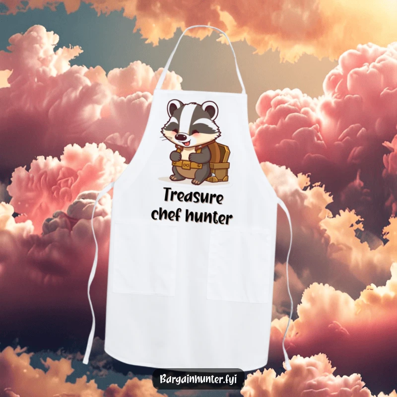 Funny badger apron featuring a curious badger with a backpack excitedly peering into a treasure chest.