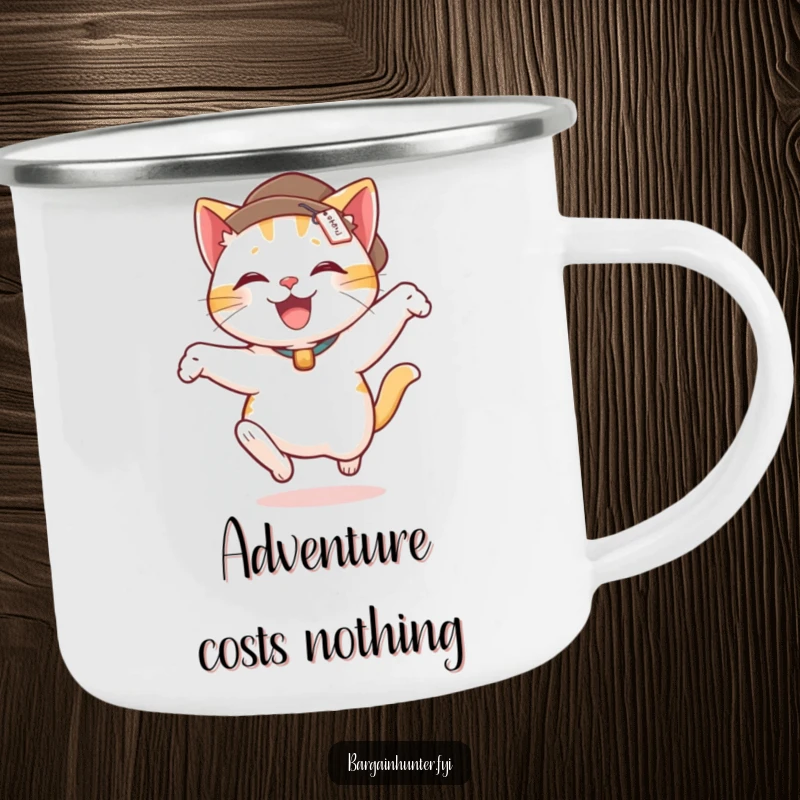 Funny camping mug with a delighted cat wearing a price tag hat, captured in a funny leaping pose.