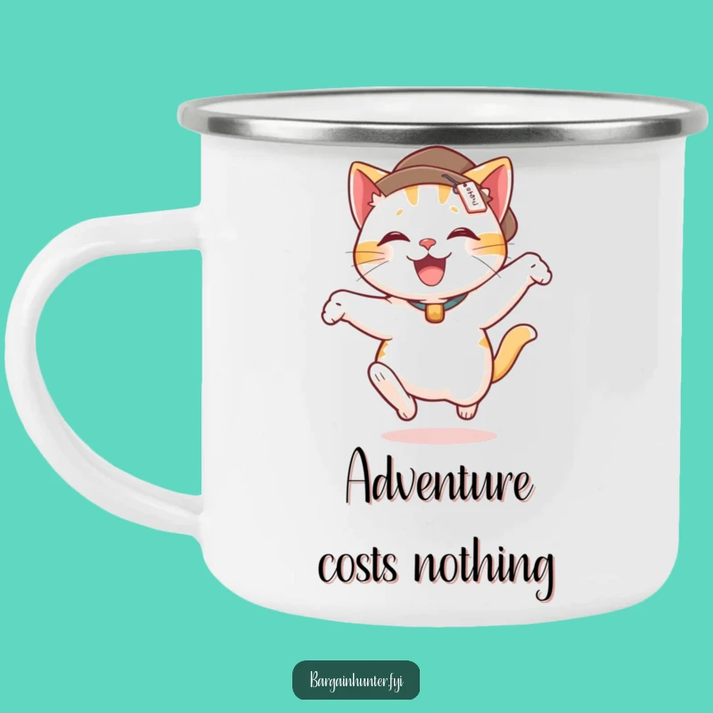 Funny Cat Leap Camping Mug: Delighted Feline in Hat with Price Tag - Adventure Fuel