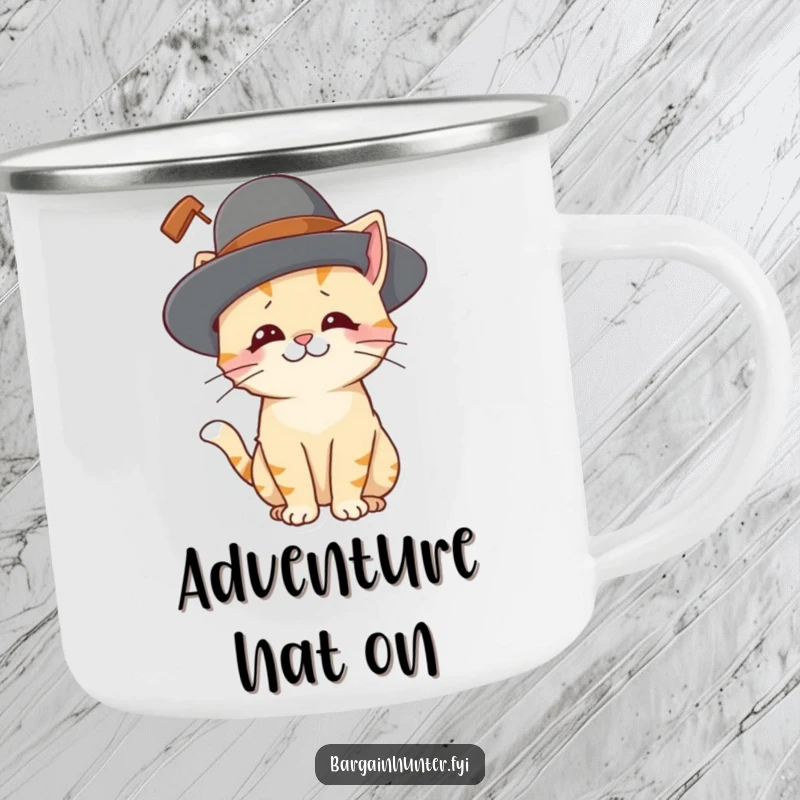 Funny cat camping mug with a playful cat character looking amused while wearing a ridiculously large hat, perfect for outdoor coffee.