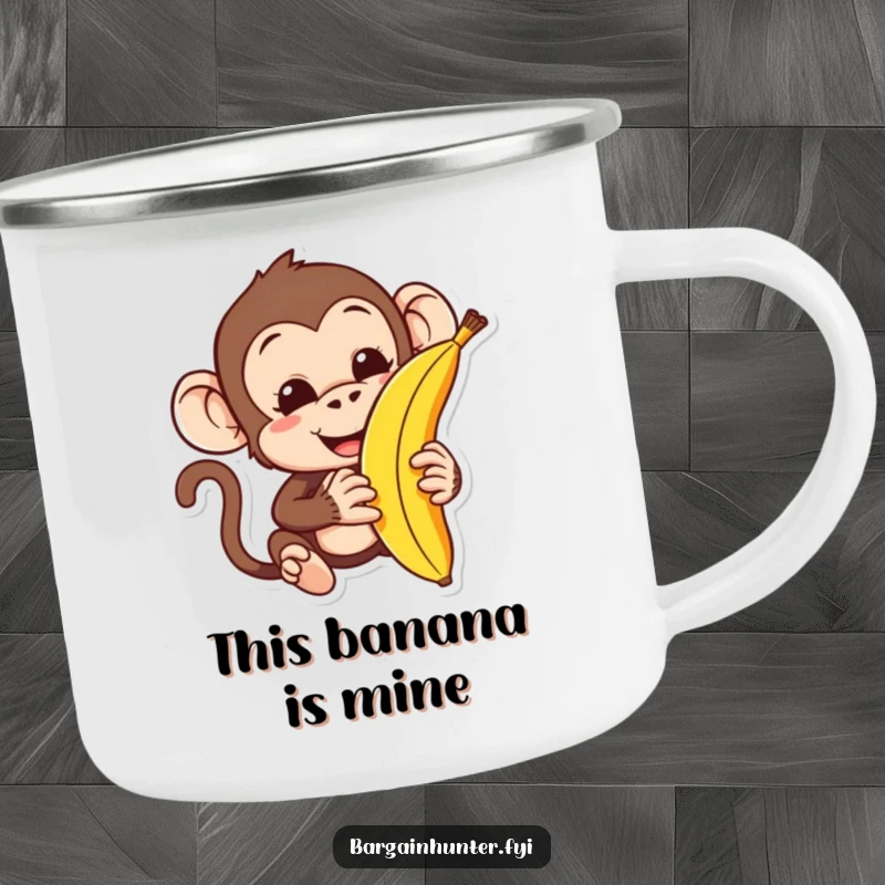 Funny monkey camping mug featuring a character haggling over a banana, perfect for outdoor enthusiasts who love humor.