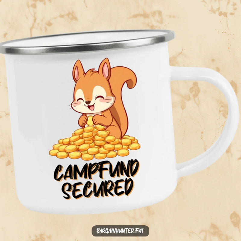 Funny enamel camping mug with an excited squirrel character counting shiny coins, a humorous accessory for outdoor finance.