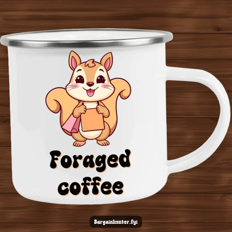 A funny squirrel character smiling and holding a shopping bag, designed for a durable and funny camping mug.