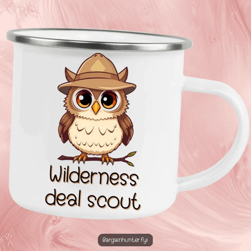 Funny Bargain Hunter Owl Camping Mug with a curious owl in a hat, perfect for enjoying drinks outdoors with humorous wisdom.