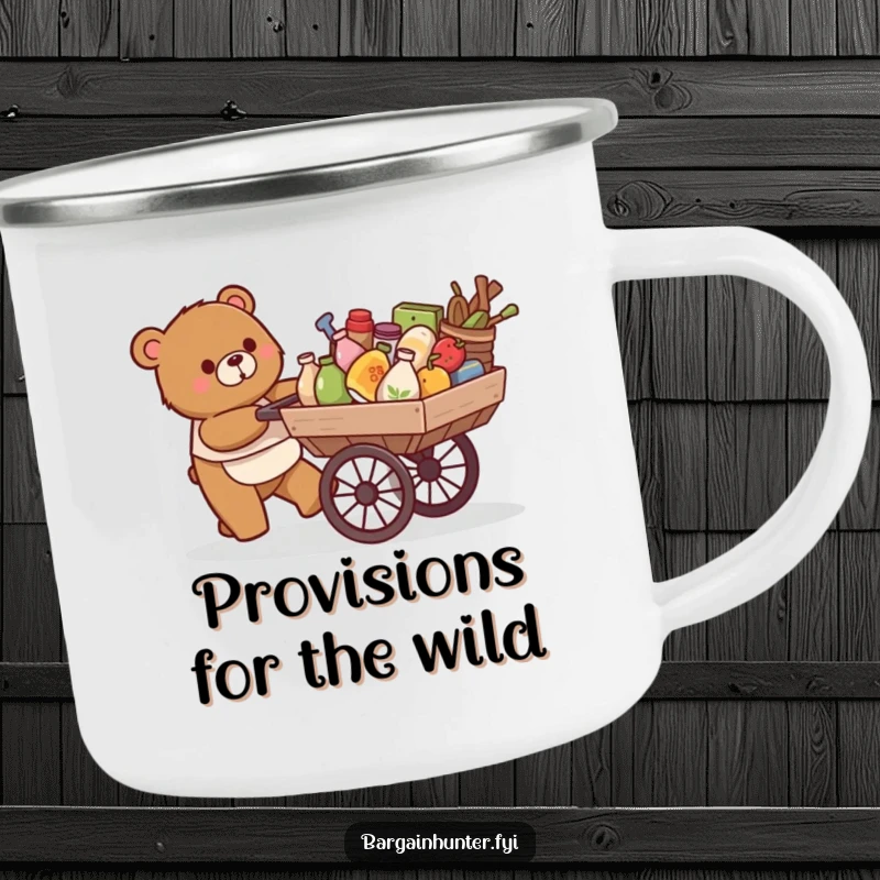 Funny camping mug: a happy bear pushes a cart overflowing with goods, ready for the wild.
