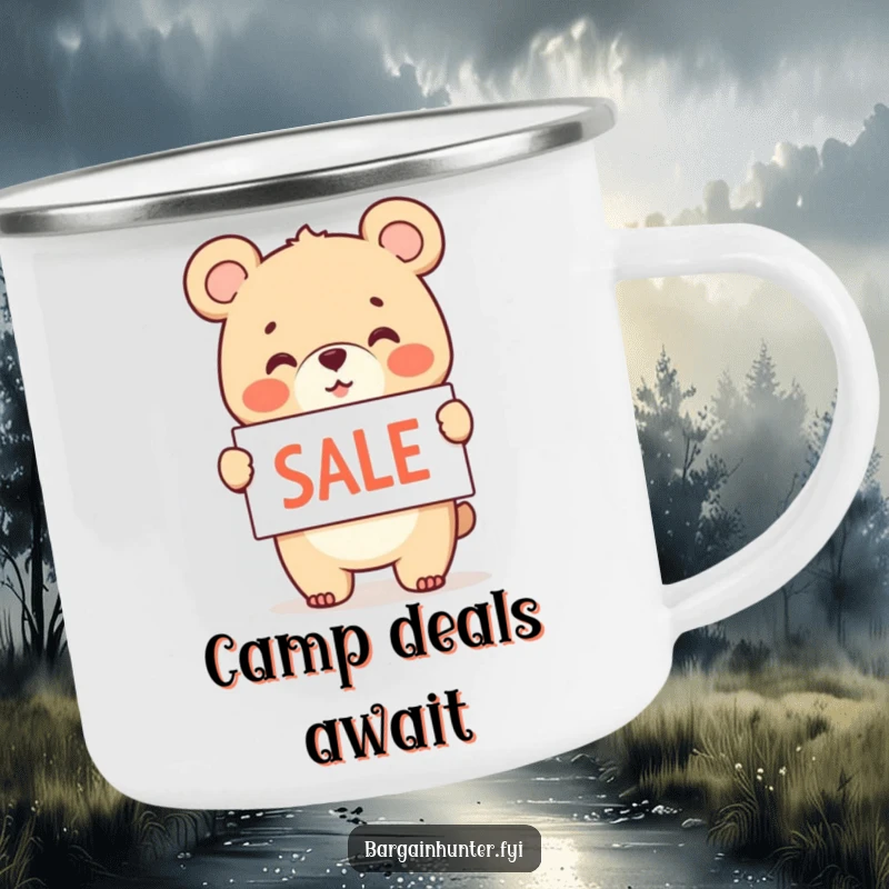 Funny camping mug featuring a cheerful bear cub holding and waving a sale sign.