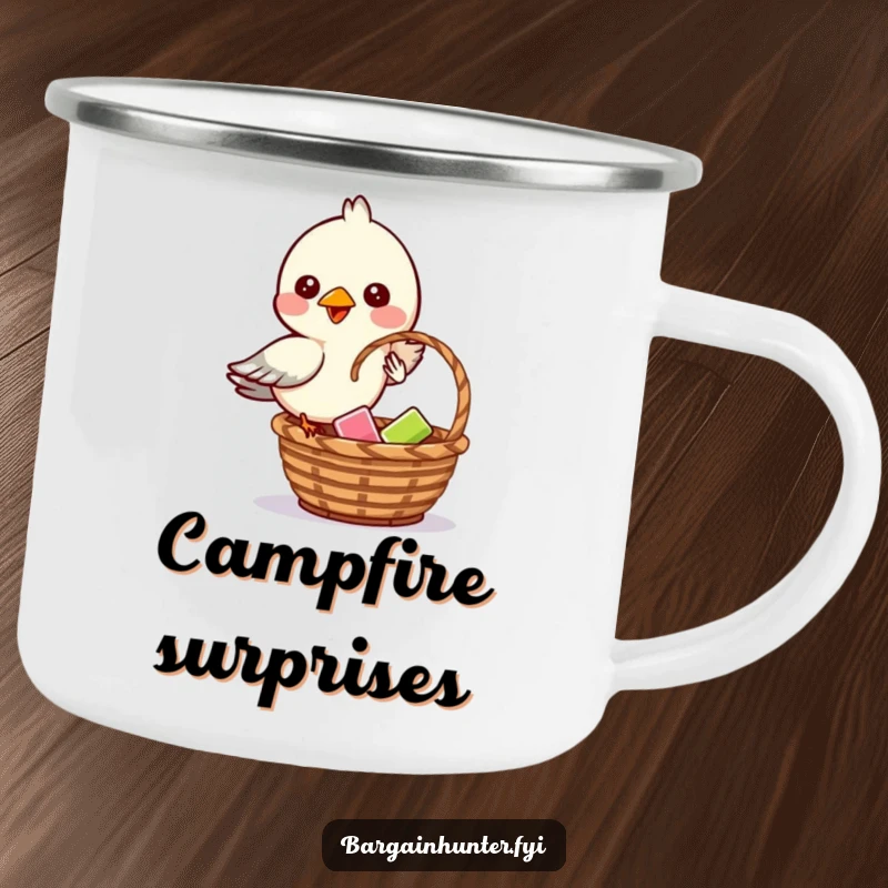 Funny camping mug featuring a mischievous bird dropping an item into a basket in an outdoor setting.
