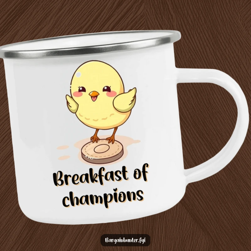 Funny bird camping mug showing a determined bird pecking at a coin, perfect for enjoying drinks by the campfire.
