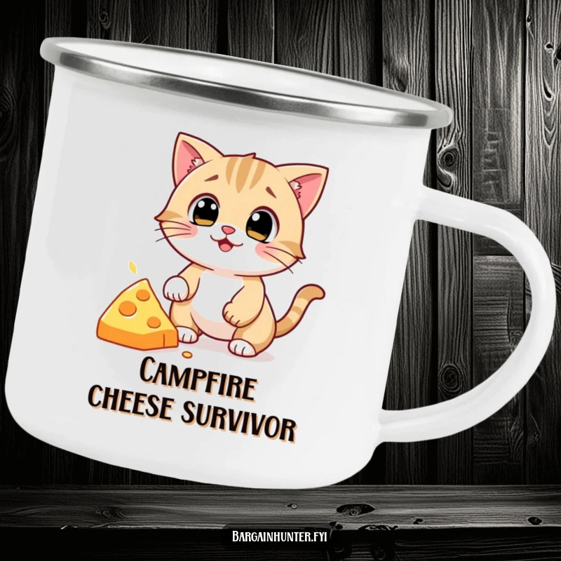 Funny Cat Camping Mug: Sturdy enamel mug with a funny illustration of a cat sneakily eyeing a dropped piece of delicious cheese.