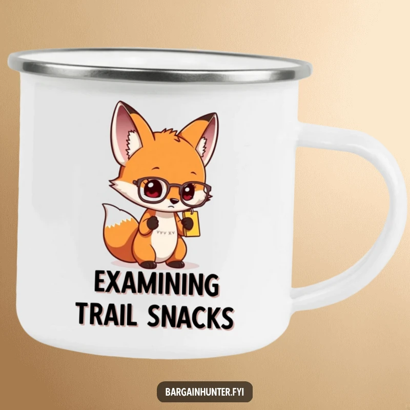 Funny curious fox camping mug with spectacles, intently examining the surroundings, perfect for the observant explorer.