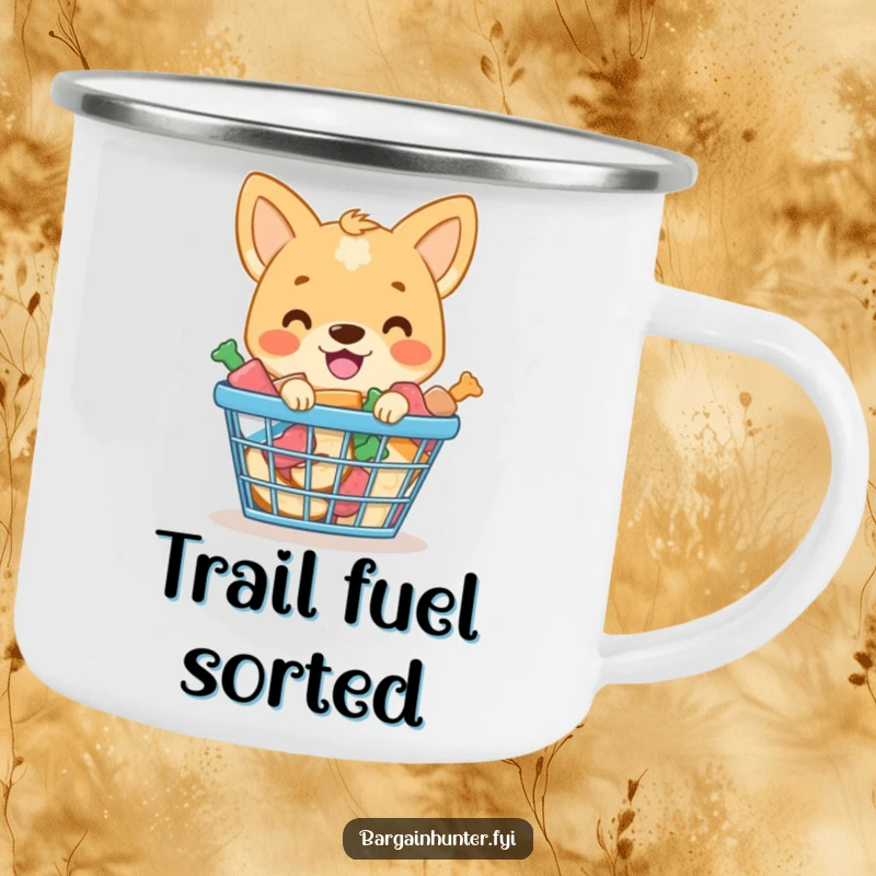 Funny camping mug featuring a smiling dog with a shopping basket overflowing with dog treats.