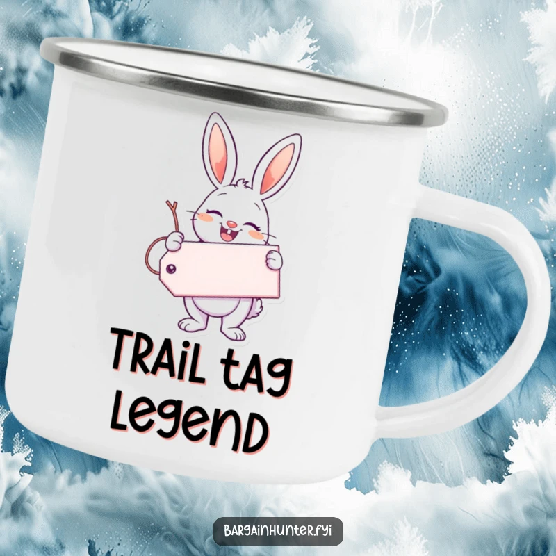 Funny Enthusiastic Bunny Camping Mug with a bunny holding a giant smile-filled tag, perfect for cheerful outdoor drinks.