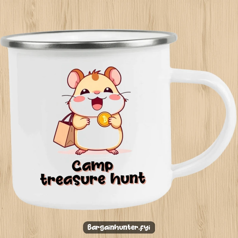 Funny excited hamster camping mug with a shopping bag and coin, perfect for the adventurous bargain hunter.