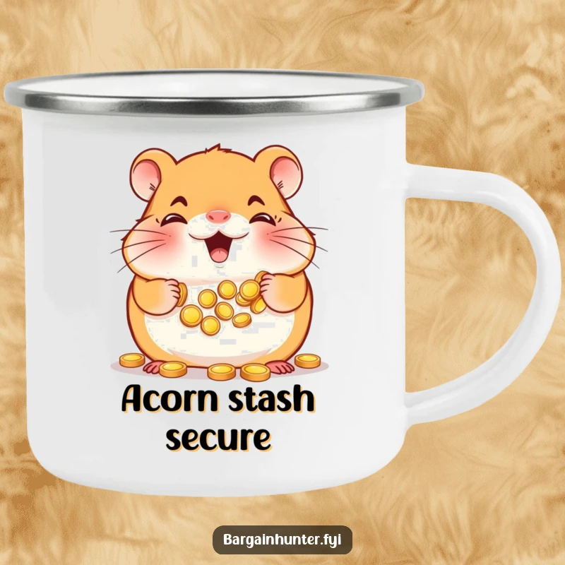Funny Hamster Camping Mug: Happy hamster with full cheeks, gathering tiny gold coins, durable for outdoor saving humor.