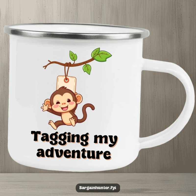 Funny monkey swinging from a price tag on a rugged camping mug, designed for adventure.