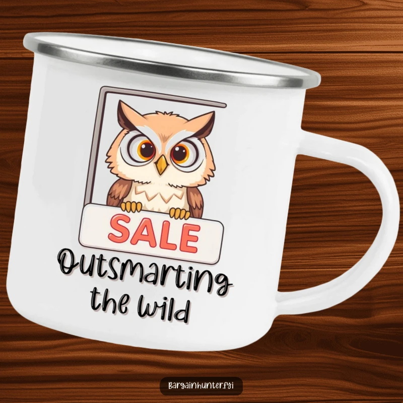 Funny curious owl peeking into a sale advertisement on a sturdy camping mug, perfect for humorous outdoor enjoyment.