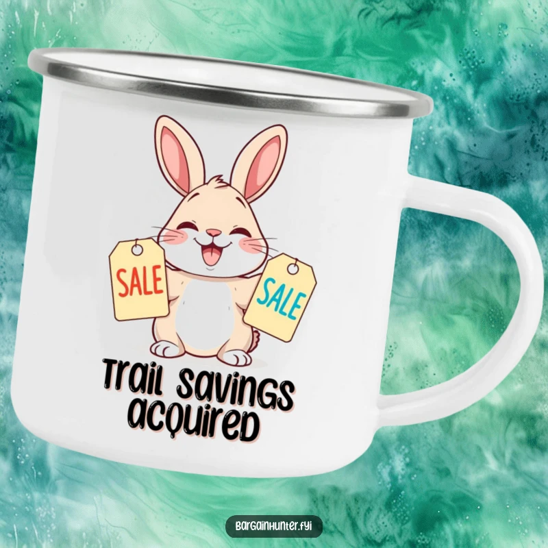 Funny Camping Mug with a rabbit comparing sale tags, symbolizing outdoor fun and bargain hunting.