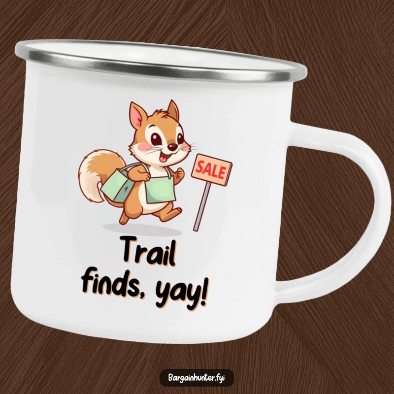 Funny squirrel camping mug depicting a determined squirrel in a shopping bag leaping towards a sale sign.