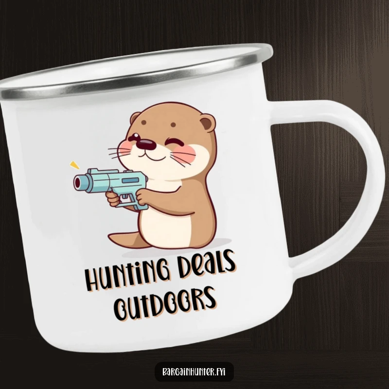 Funny giggling otter camping mug with a price gun, aiming it, perfect for outdoor shopping enthusiasts.