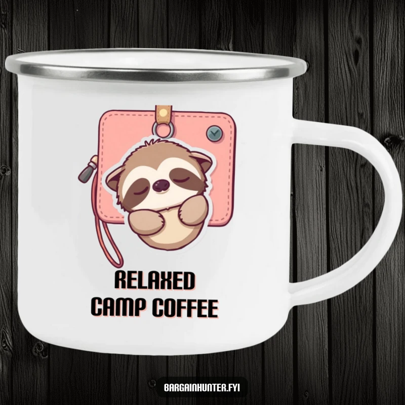 Funny camping mug with a sleepy sloth hanging from a wallet, smiling gently, perfect for enjoying drinks outdoors with a serene expression.